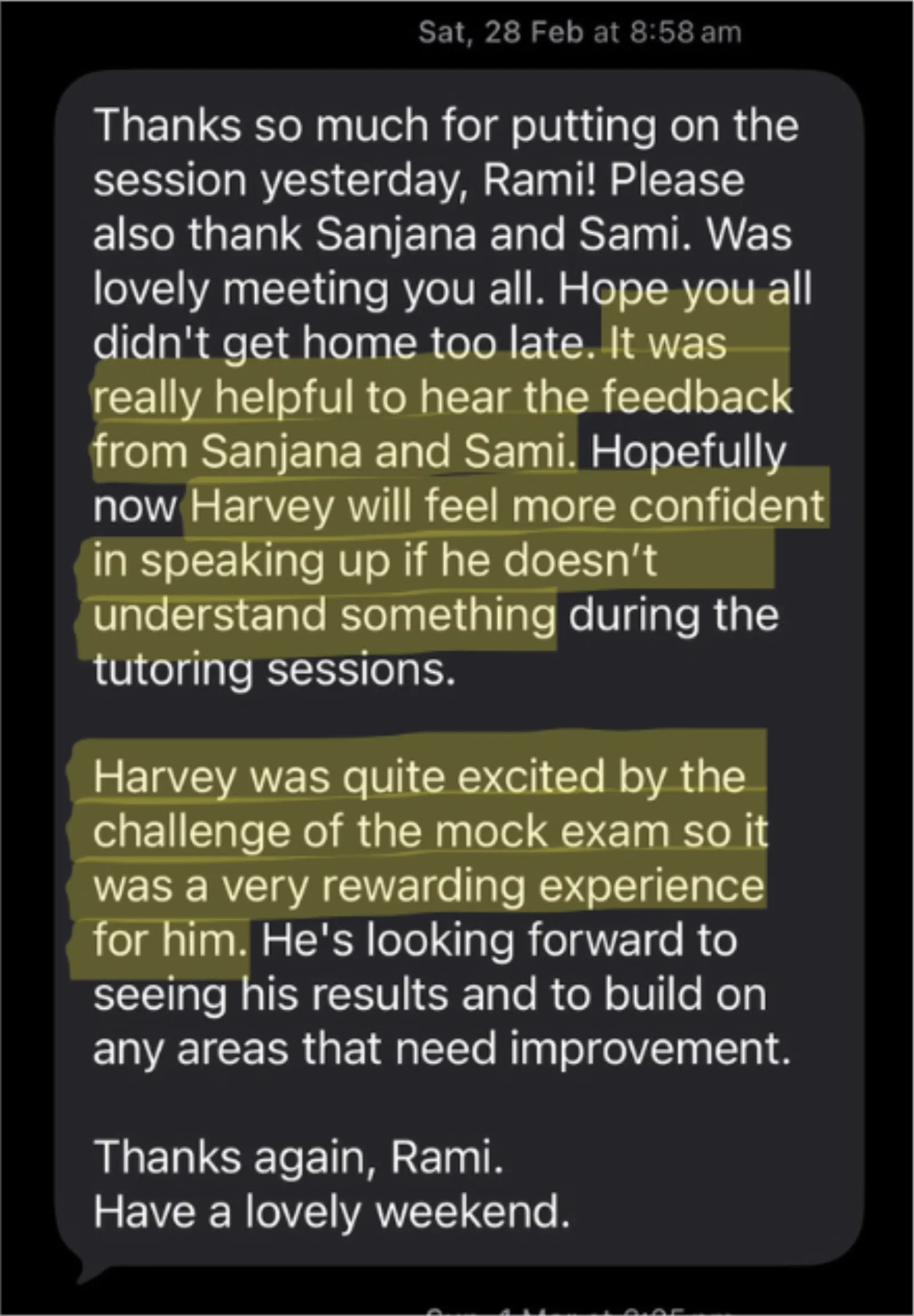 Parent testimonial about Harvey's mock exam experience
